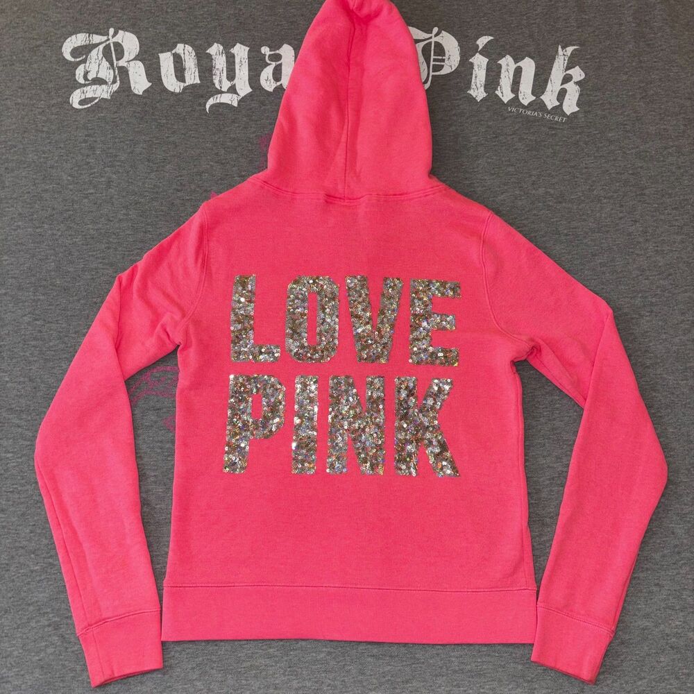 Victoria’s Secret PINK Hot Pink Sequin Bling Full Zip Hoodie Holographic - Small